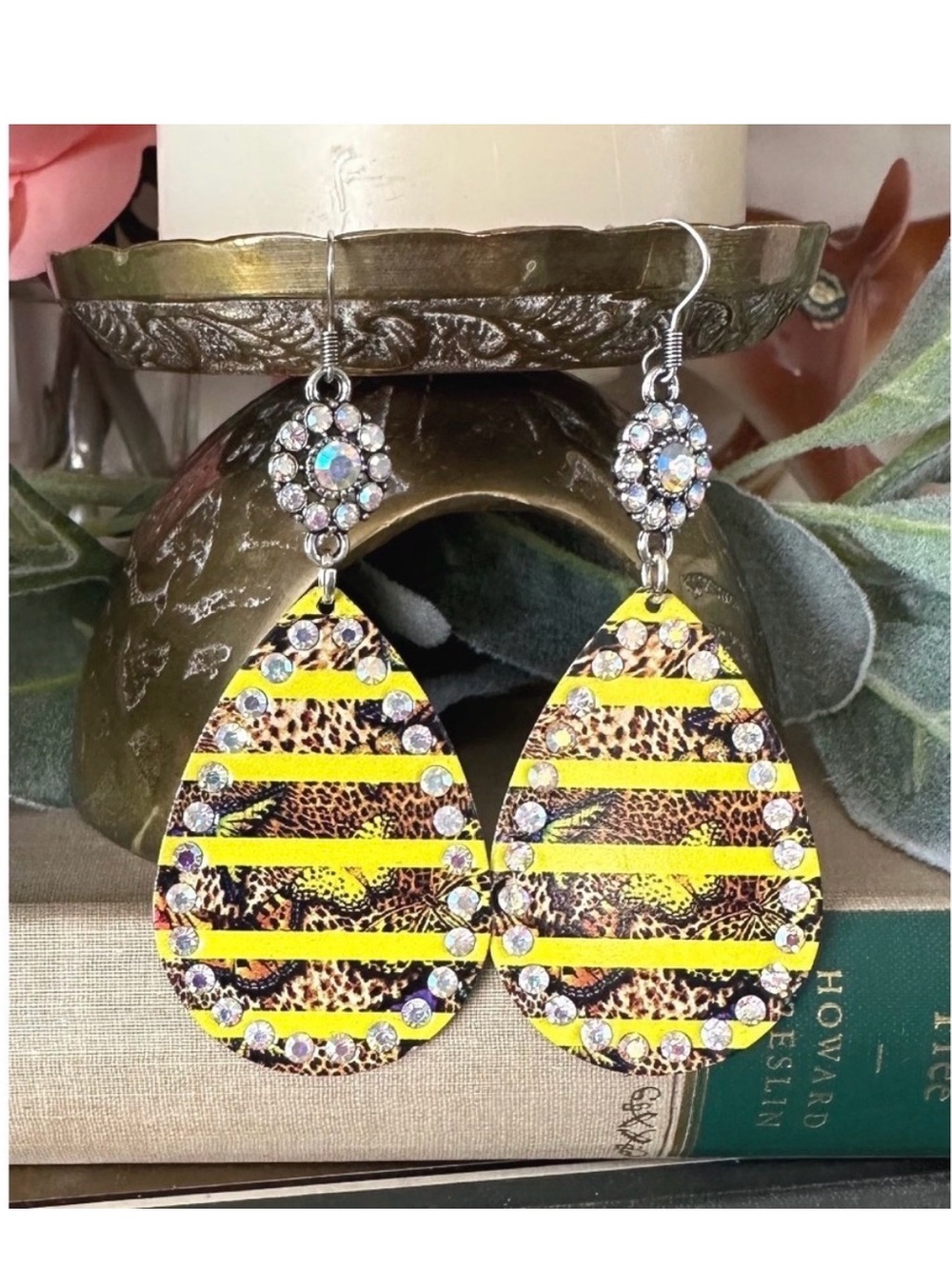 Yellow Leopard Stripe Teardrop Earrings with Rhinestone Cluster